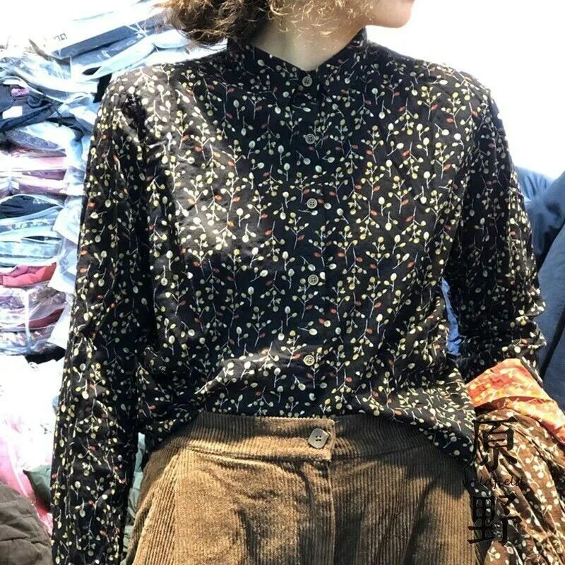 Blusa holgada informal de manga larga para mujer, camisa de lino y algodón con cuello vuelto, estampado Vintage, V228