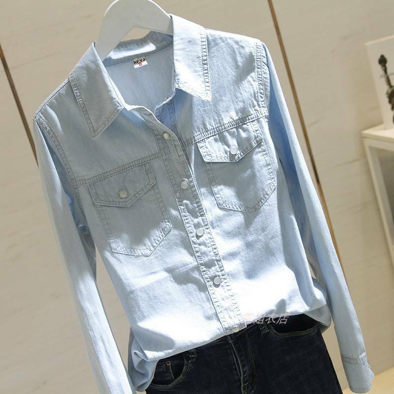 Женская джинсовая рубашка, с длинным рукавом и отложным воротником, Повседневная универсальная блузка с двумя карманами, модель S304, весна-осень