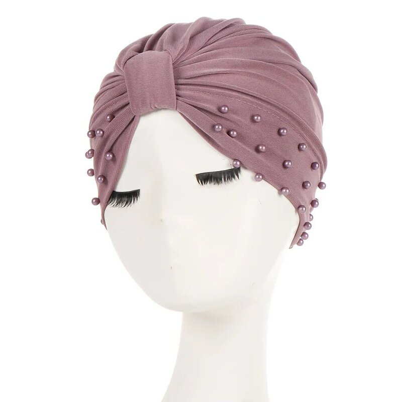 Hot Pearl Hemp Beading India Hijab Turban Elastic Muslim Hat Chemo Cap Headwrap Solid Bandanas Knot Black Pink New Hat Headwear