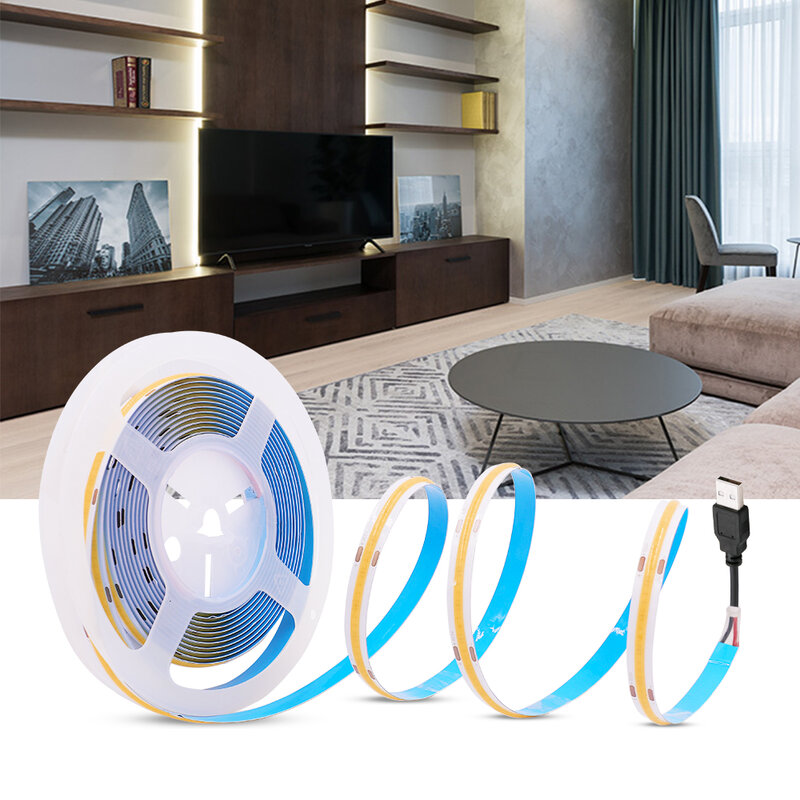 Tira de luz LED COB de 5V, alimentada por batería USB, 320LED/m, línea lineal de alta densidad, tiras de cinta Flexible, blanco, azul, verde, rojo, DC5V