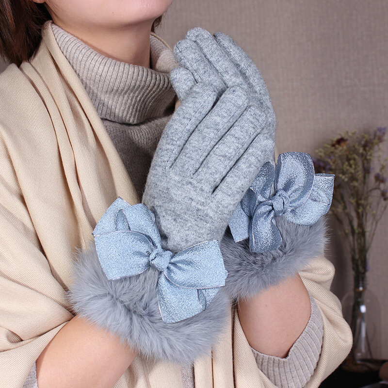Guantes de lana con lazo grande para mujer, manoplas elegantes de invierno de Cachemira gruesa para pantalla táctil, a la moda