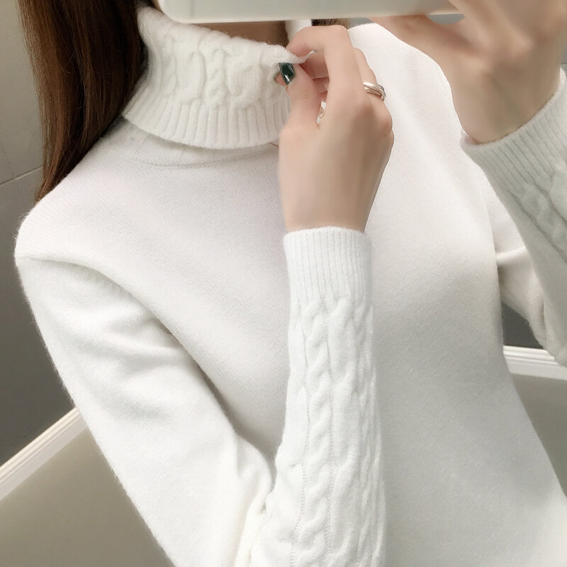 Sweater kerah tinggi wanita, Turtleneck pullover Sweater musim gugur musim dingin 2023 lengan panjang tebal hangat wanita Khaki