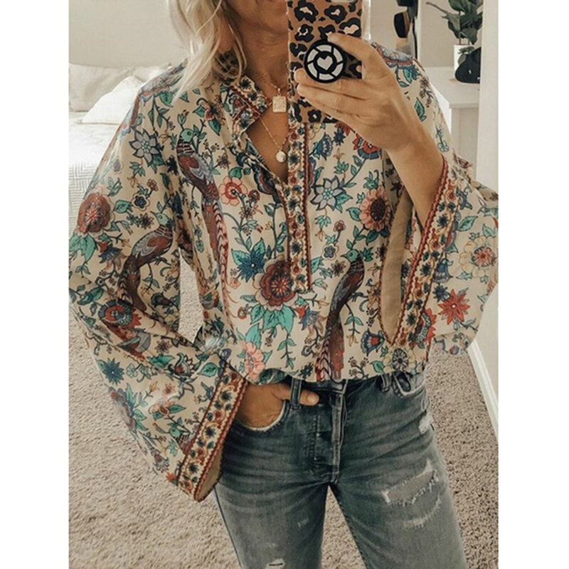 Cinessd 2020 Vrouwen Print Blouses Casual Losse Tops Stand V Hals Lange Mouwen Knop Plus Size Trui Vrouwelijke Tee Shirts blouse