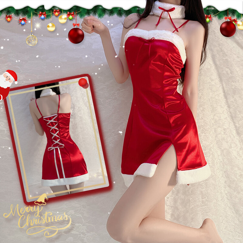 Соблазнительное нижнее белье, Прозрачная мягкая кружевная плюшевая ночная рубашка, рождественское и праздничное платье для женщин, костюм Санта-Клауса, соблазнительный костюм