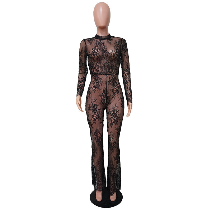 BKLD Fashion czarna koronkowa perspektywa seksowna nocna stroje klubowe z długim rękawem jednoczęściowe kombinezon z szeroką nogawką damskie letnie ubrania