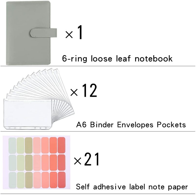 PU Leather Notebook Binder, Budget Planner, Caixa Envelopes Organizador, Bolsos Binder, Categorias Etiqueta Etiqueta para poupar dinheiro, A6