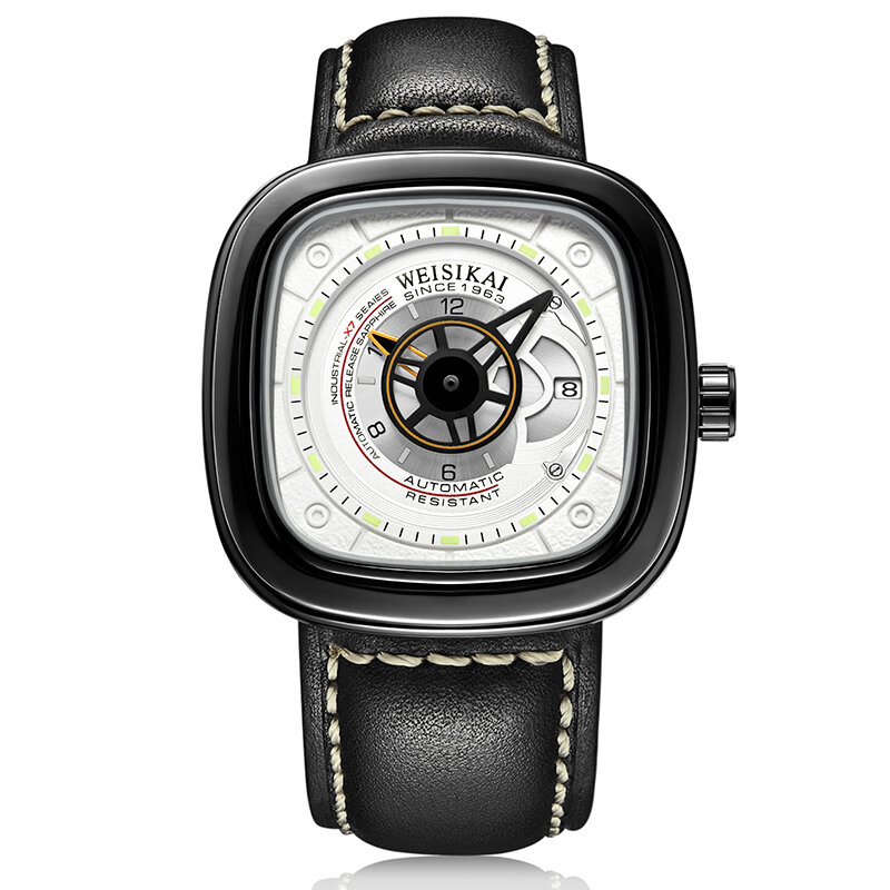 Мужские автоматические механические часы WEISIKAI с календарем, светящиеся квадратные креативные водонепроницаемые мужские наручные часы с кожаным ремешком, спортивные часы 601