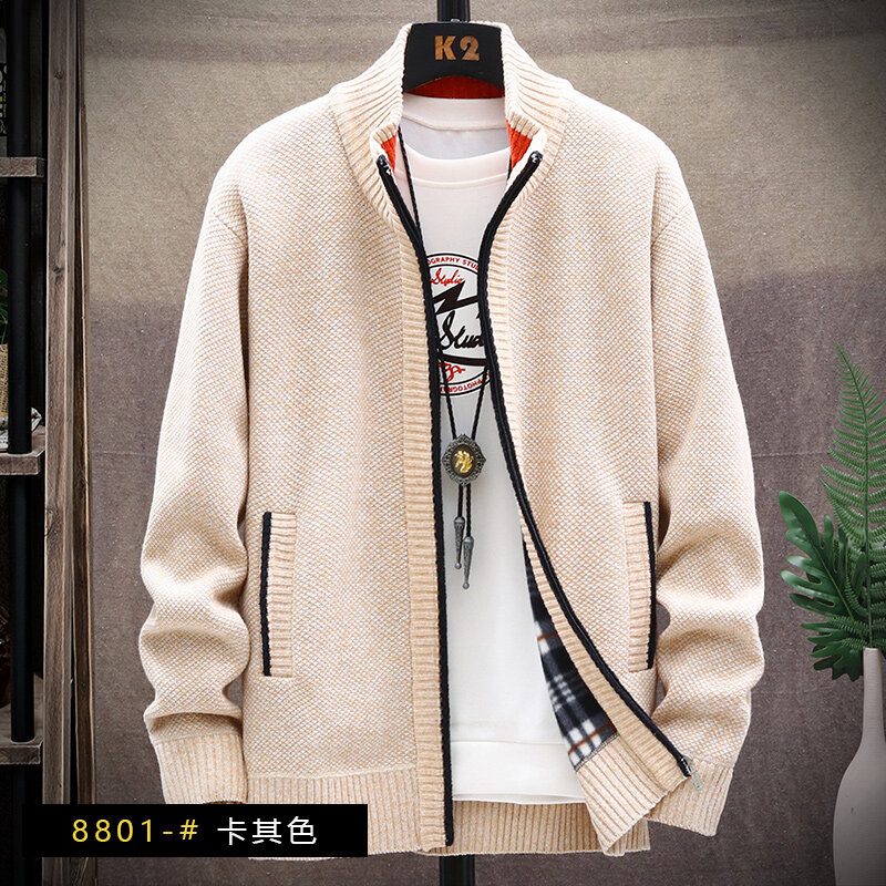 Men's Winter Spring Fleece Sweater Zipper Cardigan Korean Warm Jacket Coat Sports Male Jumper Knit Clothing Brown Jacket