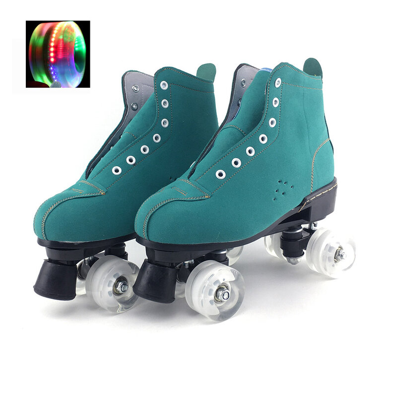 Patins à roulettes japonais en cuir artificiel pour hommes, chaussures de skate vertes à Double ligne avec 4 roues noires en PU