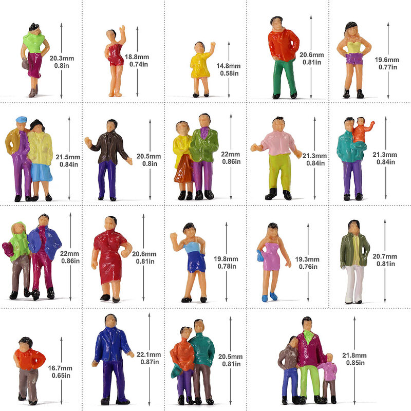 شخصيات نموذج القطارات المطلية ، أشخاص واقفون ، أشكال متنوعة ، HO ، مقياس TT ، 1:87 ، P100W ، 100 قطعة