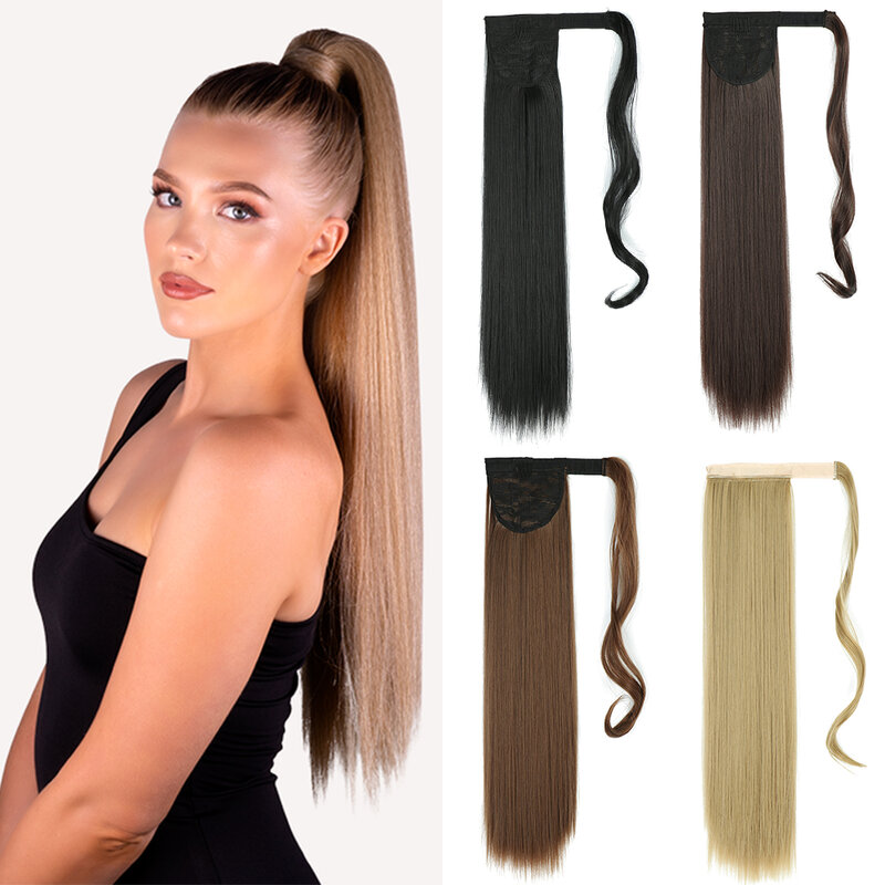 Abir Long Straight Ponytail Hair estensioni sintetiche capelli resistenti al calore 22/32 pollici Wrap Around Pony Hairpiece per le donne