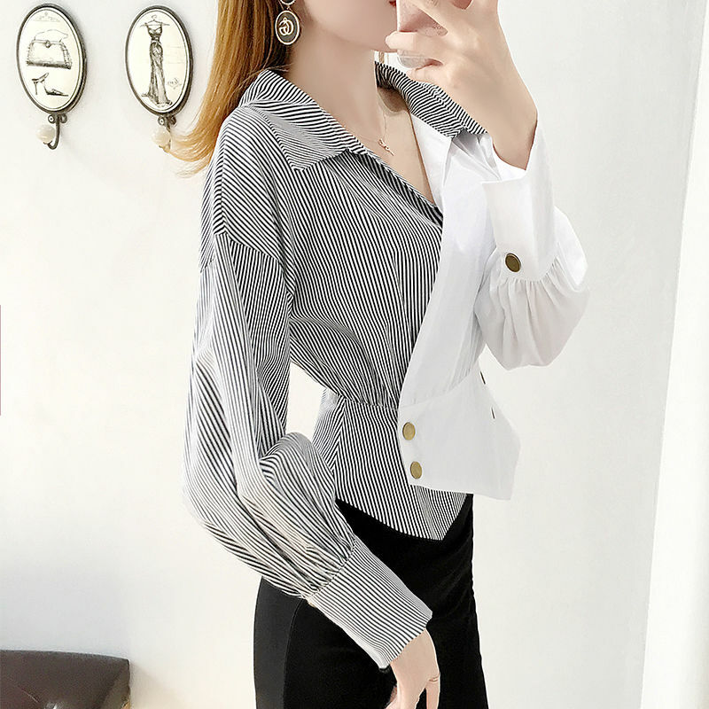 Blusa feminina estilo primavera verão, camisa feminina slim gola virada botões manga comprida elegante temperamento tops dd8485