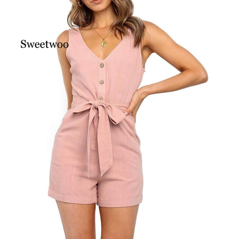 Women Playsuits Sexy V Neck Sleeveless Button Sashes Cotton Playsuits Casual Slim Pocket Black Short Jumpsuit Femme Rompers