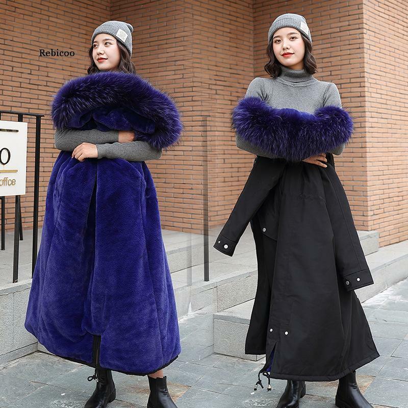 후드 파카 여성의 두꺼운 면화 코트 여성 긴 슬림 모피 칼라 겨울 코트 여성 패션 야생 따뜻한 슬림