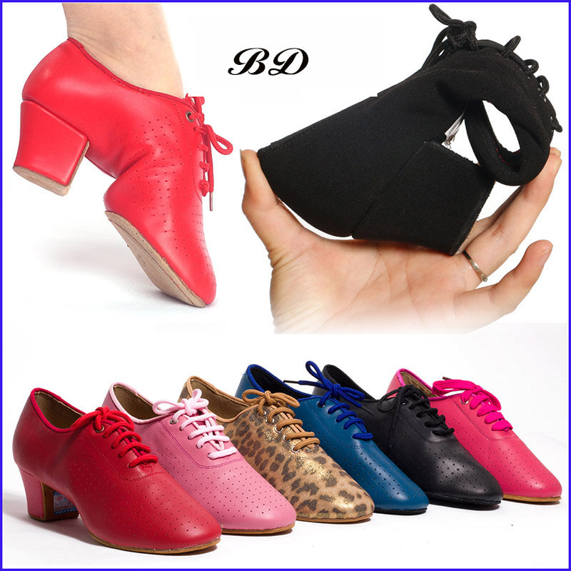 Zapatillas de baile latino de cuero genuino para mujer, zapatos modernos de Jazz, suela suave antideslizante, cordones de salón BD T1