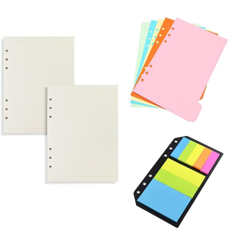 A6 Binder Refillable Notebook, 2 Pack A6 Refills Inserts Lined Paper ,5 Pcs Theme Color Dividers,240 Pcs Note Flags Tabs Index