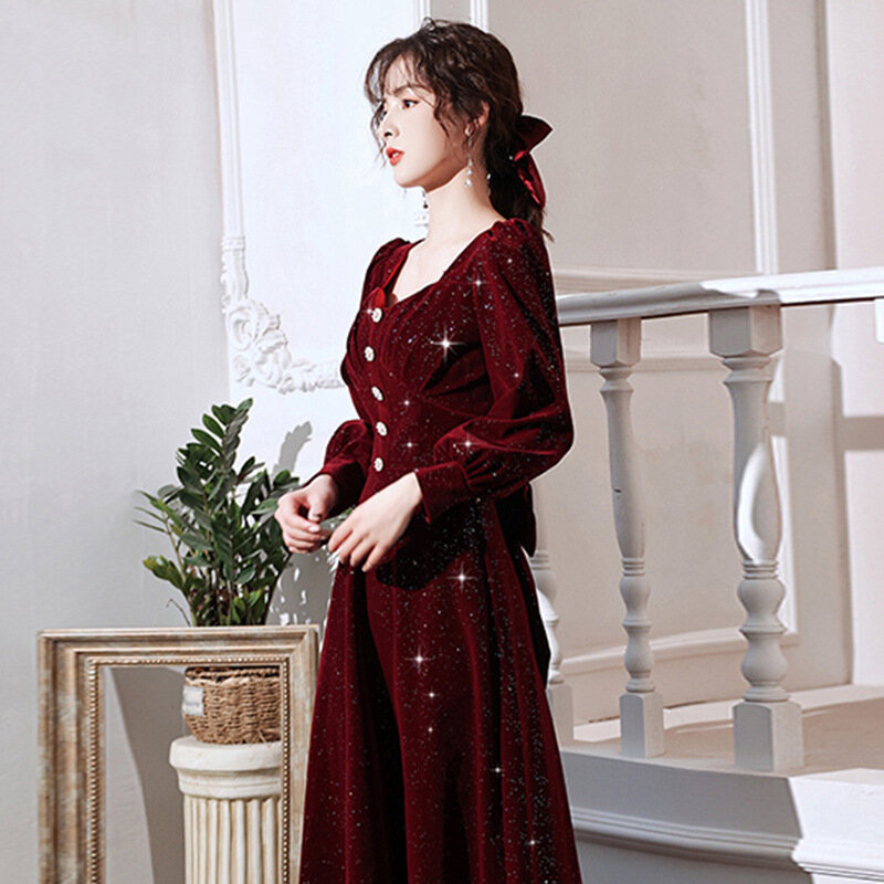 Elegant Square Collar Long Sleeve A-Line Evening Dress Back Zipper Women Formal Gowns Robe De Soiree Cheongsam Size 3XL