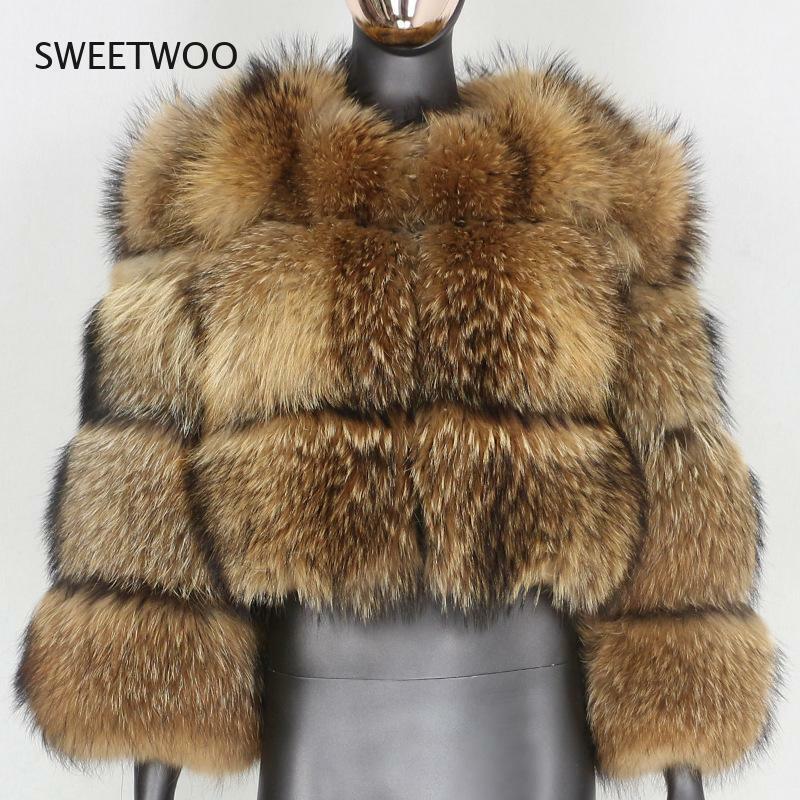 Jaket Bulu Rakun Palsu Musim Dingin Mantel Bulu Imitasi Berbulu Wanita Pakaian Luar Hangat Tebal Coklat Mantel Mode 2021