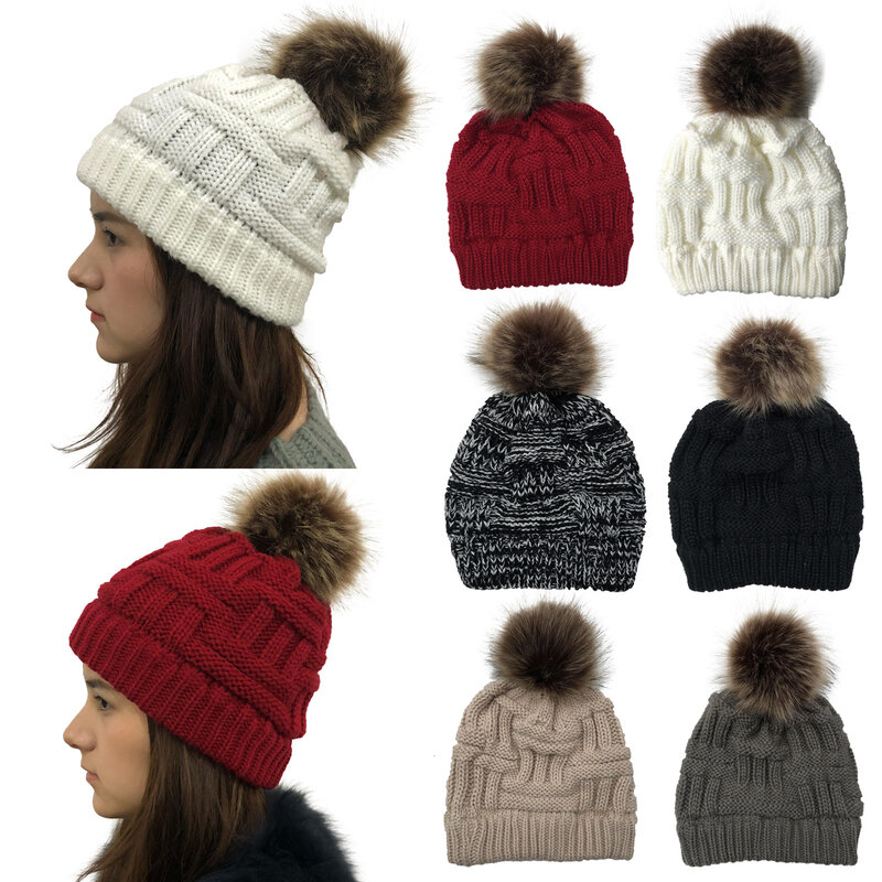 Ponytail Beanie Hat Cable Knit Pom Pom Top Cuffed Beanie Hat Winter Solid Cashmere Ski Hats