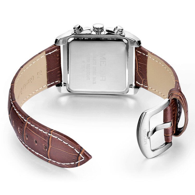 Мужские многофункциональные спортивные часы MEGIR, с кожаным ремешком и прямоугольным циферблатом, светящиеся часы