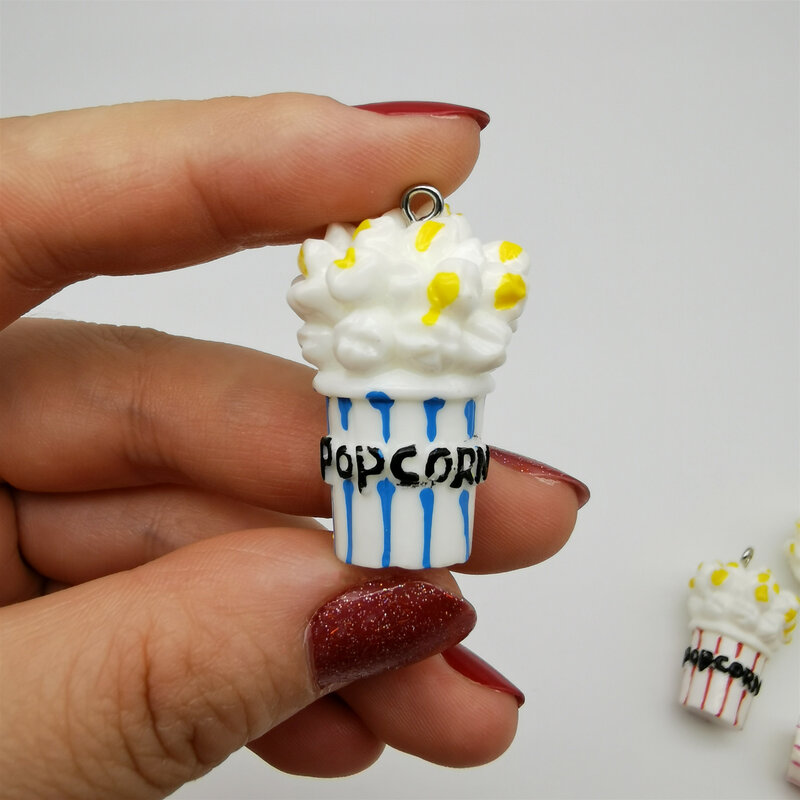 4Pcs 3D 34*22Mm Resin Lendir Pengisi Popcorn Pesona Sangat Lucu Gantungan Kunci Liontin Kalung Liontin untuk DIY dekorasi Rumah Boneka