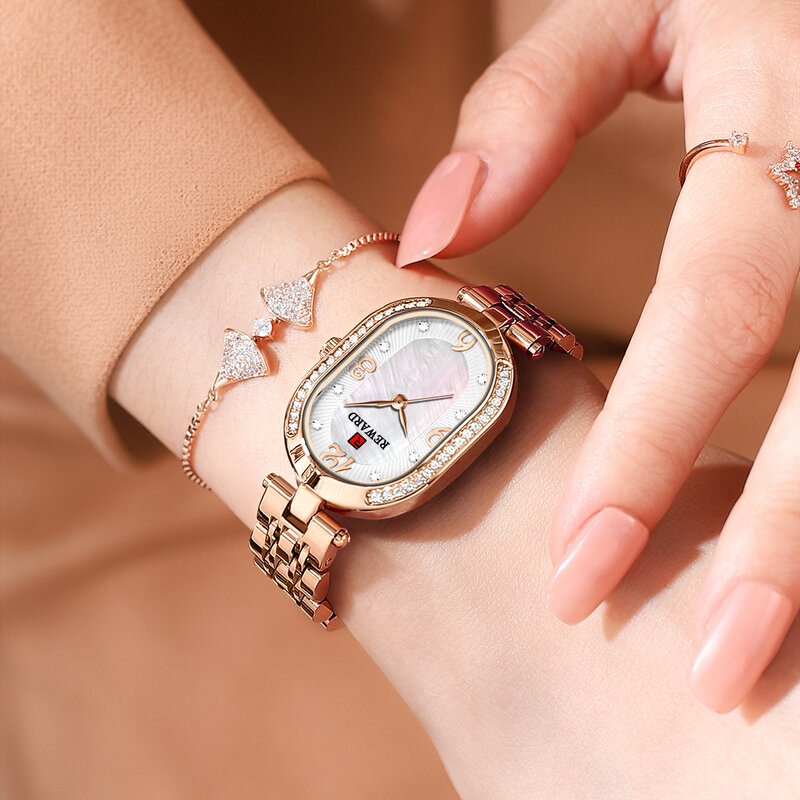 보상 2021 새로운 여성 시계 타원형 골드 시계 손목 시계 Reloj Mujer 숙녀 팔찌 방수 석영 시계 Relogio Feminino