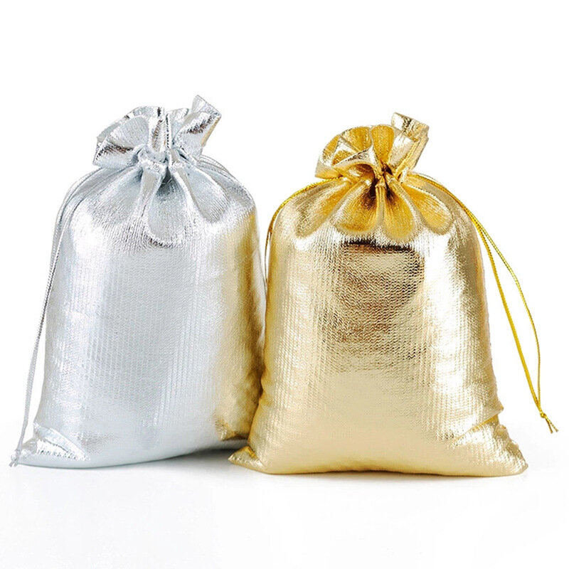 50pcs/lot 7x9cm 9x12cm Adjustable Jewelry Packing Fabric Bag Silver/Gold Colors Drawstring Wedding Storage Pouches