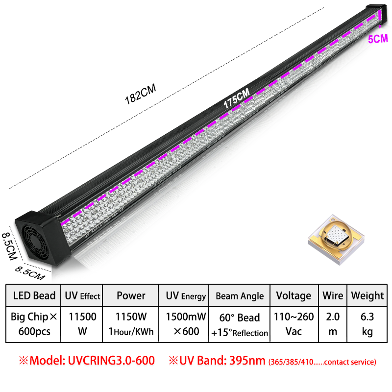 Bar Led UV GEL Curing Lamp High Power Ultraviolet Black Light Oil Printing Machine Glass Ink Paint Silk Screen UVCURING3.0-600