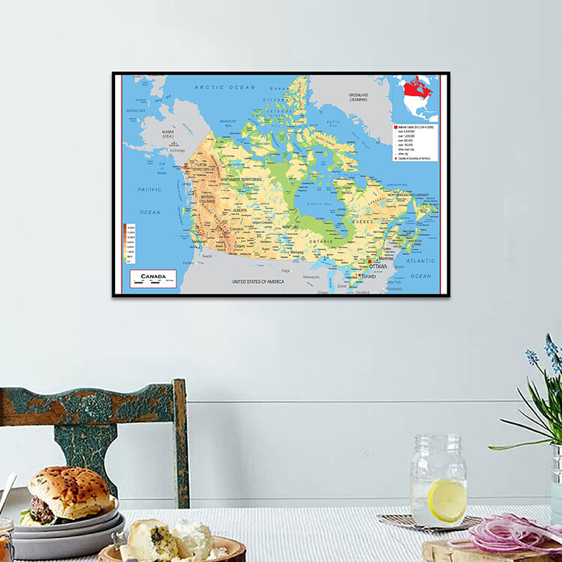 프랑스어 60*90cm 벽 아트 포스터에서 캐나다의 지형지도 캔버스 회화 사무 용품 홈 인테리어 학교 용품