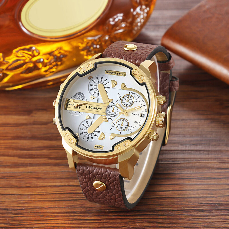 Cagarny 50mm grande relógio masculino marca de luxo relógio quartzo masculino relógios couro duplo dial analógico calendário militar relógio pulso