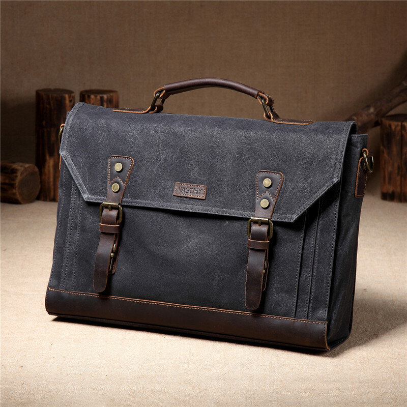 VASCHY Холст сумка для мужчин Классическая кожаная сумка для мужчин Вощеная парусина портфели для 17,3 дюймов ноутбук Офисные Сумки для мужчин