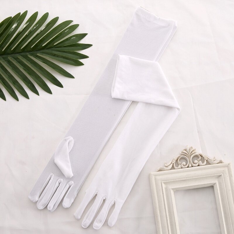 Sarung tangan panjang polos pria wanita, sarung tangan pelayan kinerja warna putih