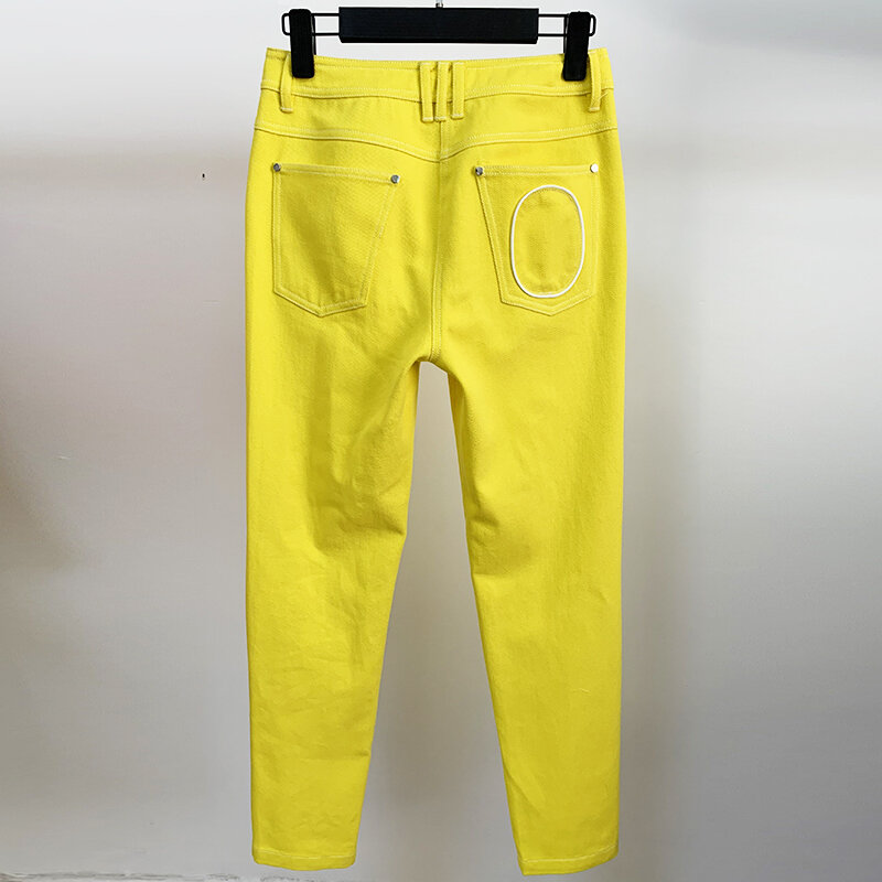 HIGH STREET 2024 Newest Fashion Stylish Designer Jeans Women's Top Stitching Contrast Denim Jeans Pencil Pants Yellow