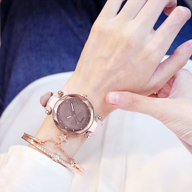 Relógios pulseira conjunto feminino romântico céu estrelado pulso de quartzo relógio de couro diamante senhoras simples vestido gfit montre femme
