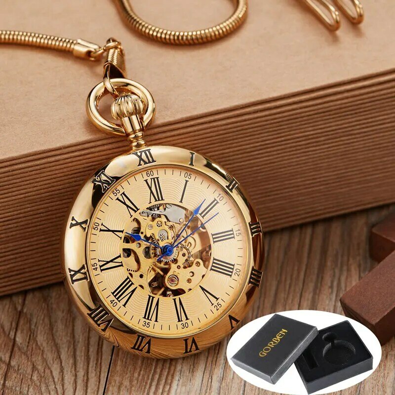 Gładki Retro okrągły złoty mechaniczny zegarek kieszonkowy mężczyźni na łańcuszku fob wykwintne rzeźby miedzi automatyczny zegarek kieszonkowy męskie prezenty