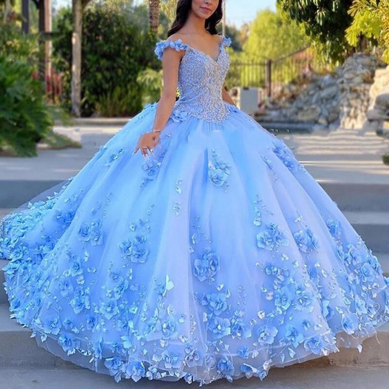 2024 Dreaming Floral 3D Flowers Quinceanera Dresses Prom Dress scollo a v Flower Straps corsetto di perline Back Sweet 15 16 Girls Dress