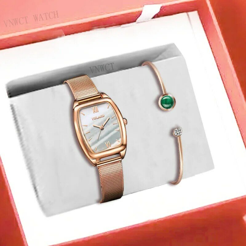 Reloj cuadrado de cuarzo para mujer, conjunto de pulsera, esfera verde, sencillo, oro rosa, malla, de lujo