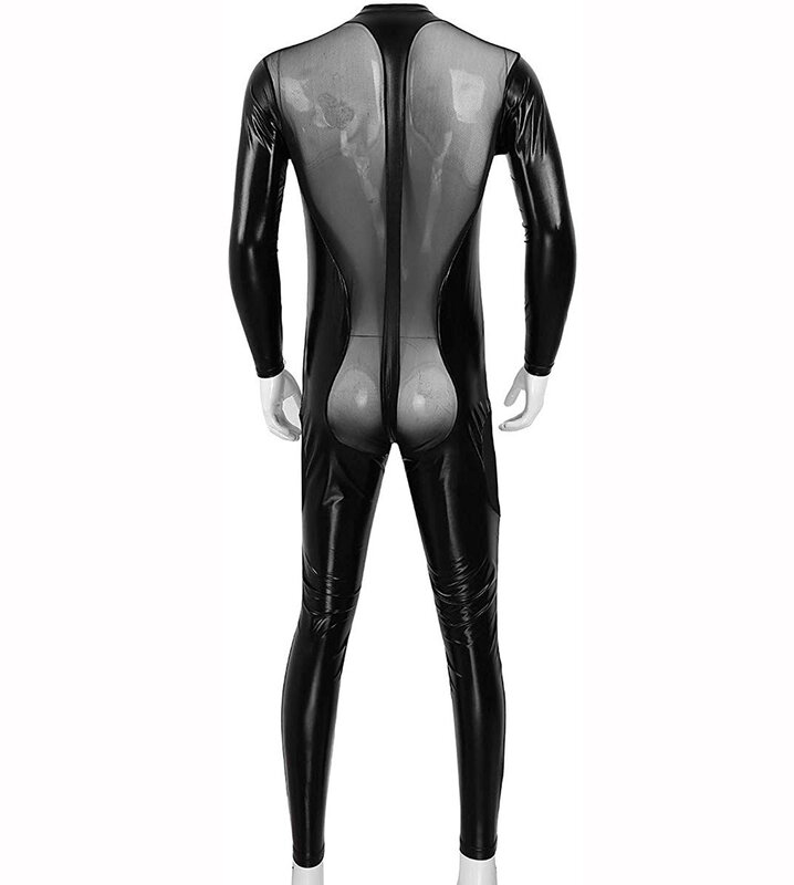 Jumpsuit Clubwear Leotard Bodysuit Leotard Singlet Gulat Jaring Kulit Imitasi Satu Potong untuk Pria