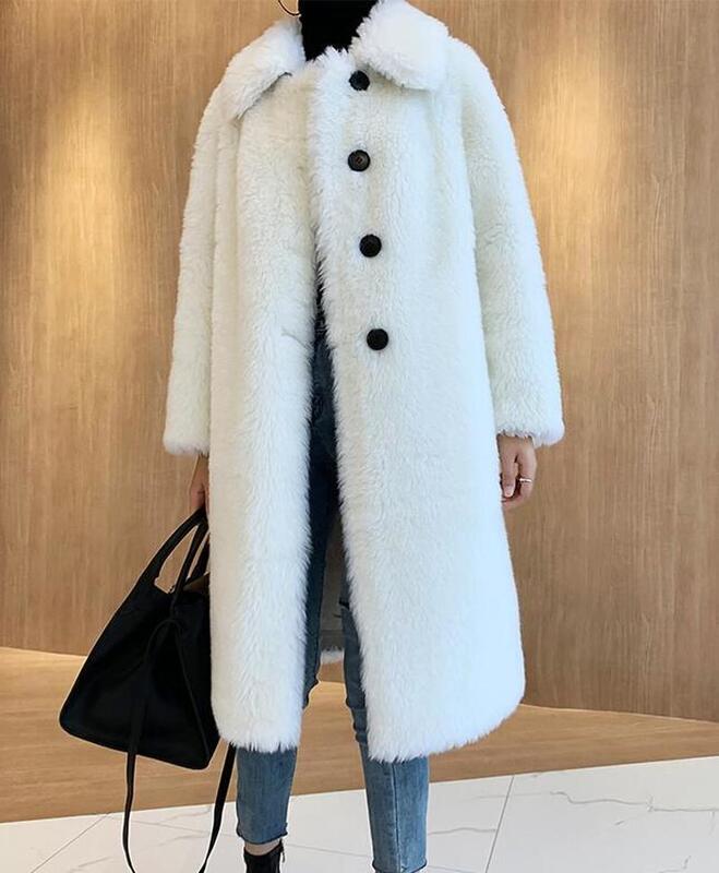 새로운 양털 시어링 코트 여성용, 중간 길이 양가죽 중간 길이 외투 파카 모피 코트, 겨울