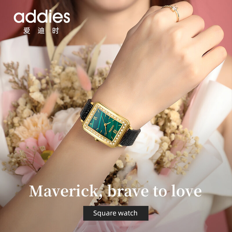 Addyes-reloj cuadrado de acero inoxidable para mujer, pulsera de cuarzo con correa, esfera verde, sencillo, dorado, de lujo