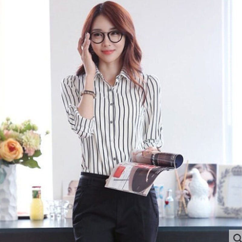 Spring Black and White Office Ladies Shirts Vertical Stripes Ladies Self-cultivation Blouse Long-sleeved Chiffon Female Shirts