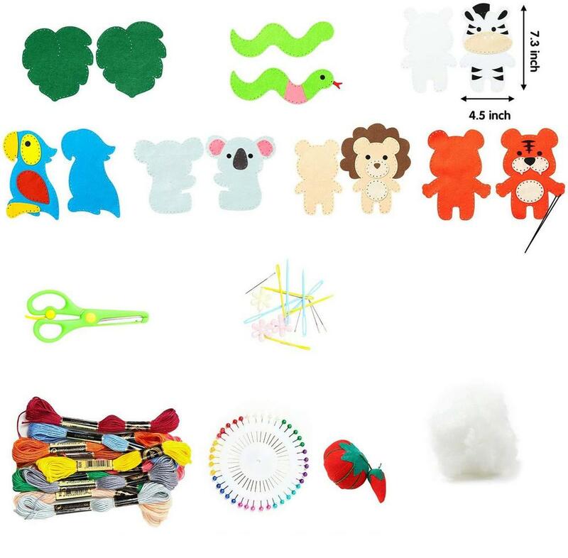 Kit de manualidades de animales de la selva, animales de peluche de fieltro de costura DIY, juguetes para niños principiantes, juguete educativo de aprendizaje de costura, regalo