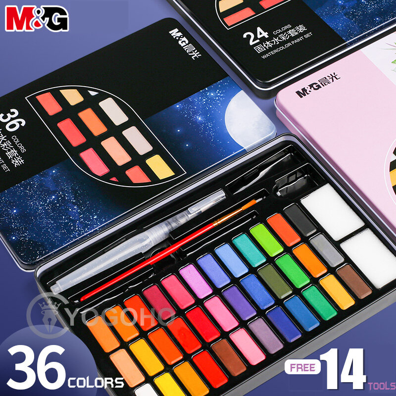 M & G – Palette d'aquarelle en plastique Portable, pigments de 12/28/36/48 couleurs, fournitures de peinture, ensemble d'outils d'art