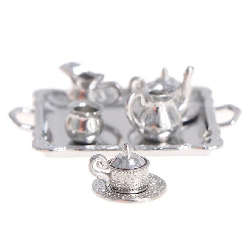 10 sztuk/zestaw 1/12 domek dla lalek miniaturowe srebrny Metal herbata kawa taca zestaw stołowy dla dekoracja do domku dla lalek