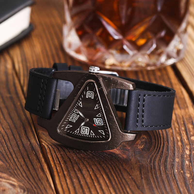 Relojes de madera negros para mujer, reloj de pulsera de cuarzo de madera triangular, pulsera de cuero creativa de alta calidad