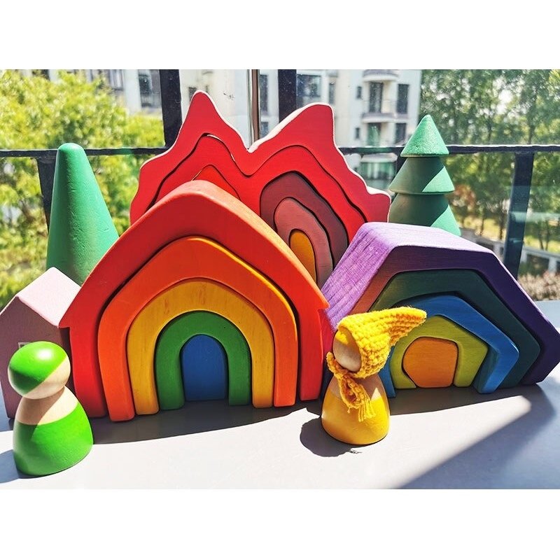 Montessori Đồ Chơi Gỗ Nguyên Tố Rainbow Xếp Hình Khối/Unpaint Gỗ Cây Xây Dựng Bộ Xếp Hình Ô Tô Núi Lửa San Hô Sóng Biển