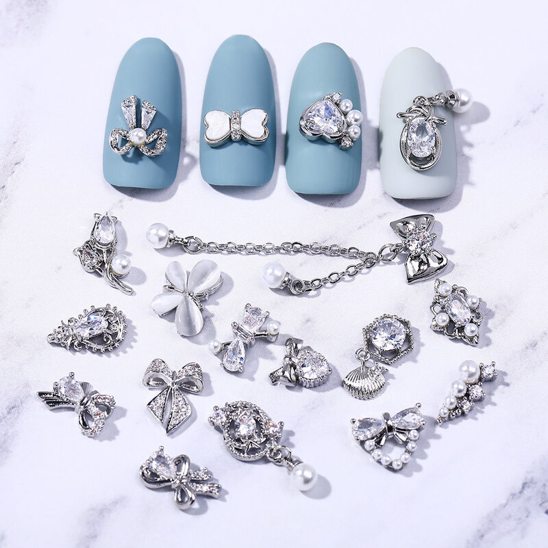 Hnuix 2 Pieces 3D Silver nail Art Jewelry Japanese Nail Decoration High Quality Zircon Crystal Manicure Zircon Diamond Amulet