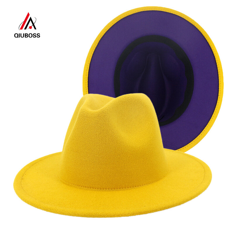 2020 New Yellow Purple Patchwork Wool Felt Jazz Fedora Hats with Belt Buckle Men Women Wide Brim Panama Cowboy Trilby Hat L/XL