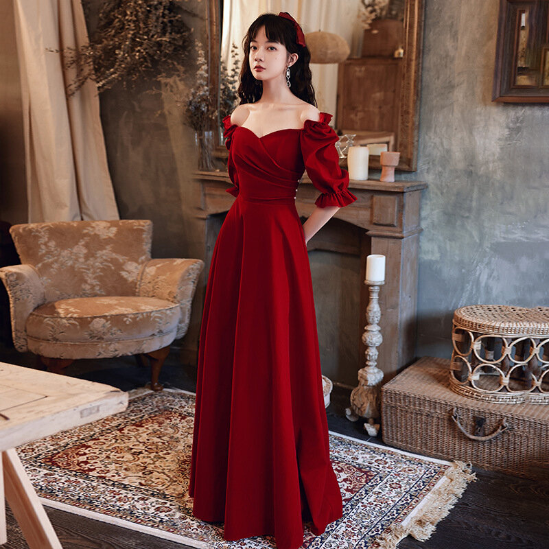 Elegant สแควร์ A-Line Burgundy Velour Evening กลับซิปผู้หญิง Gowns อย่างเป็นทางการ Robe De Soiree Cheongsam ขนาด3XL