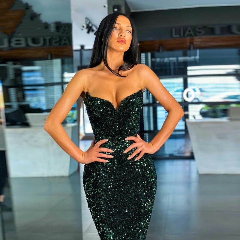 เซ็กซี่สีเขียวเลื่อมแขนกุด Mermaid Evening Dresses 2022อย่างเป็นทางการ Sweetheart คอผู้หญิง Party ชุดราตรี Vestidos De Noche